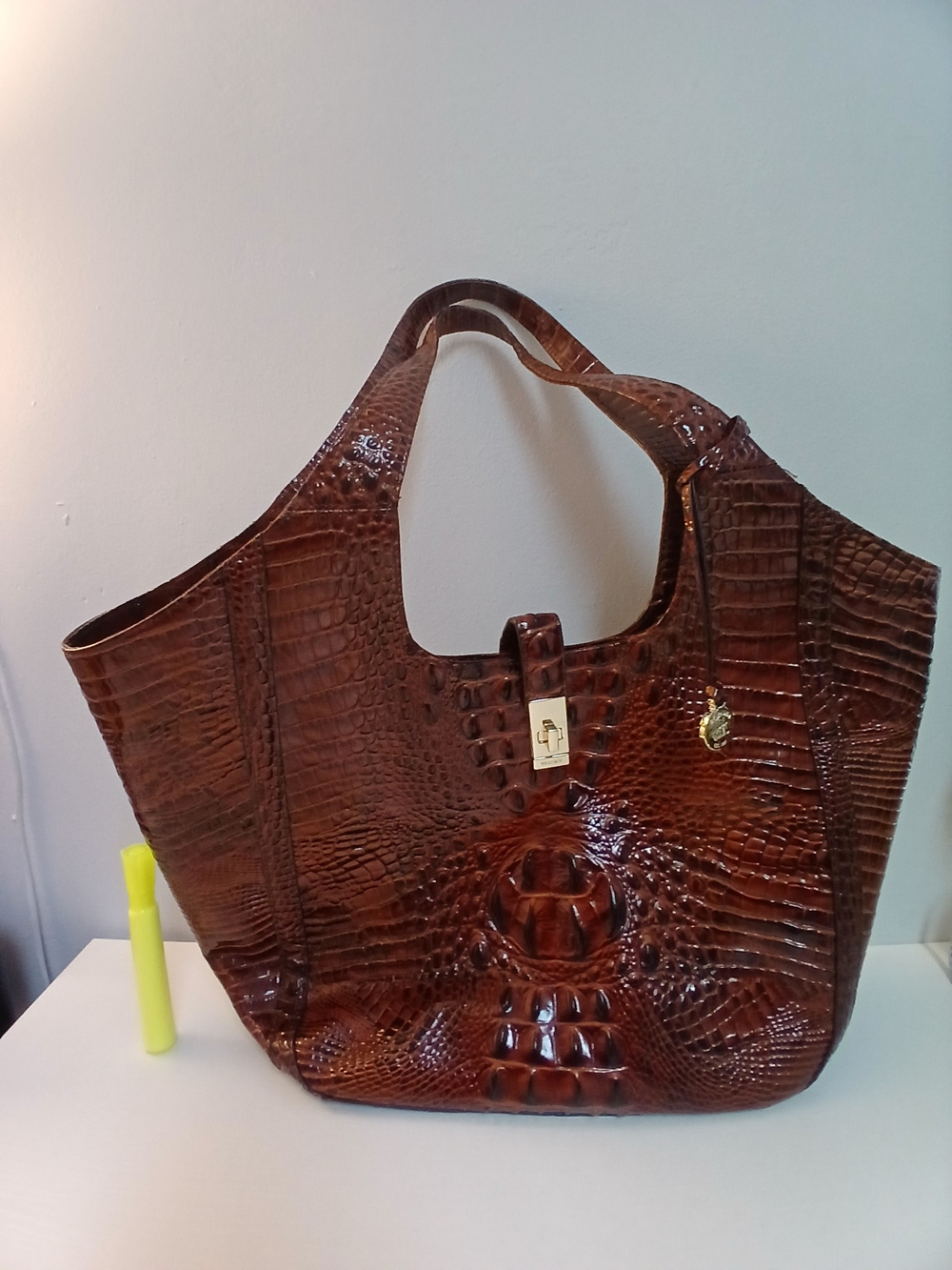 BRAHMIN Leather Large Tote "ASHER" Croc Embossed LEATHER in PECAN BROWN - Picture 3 of 10